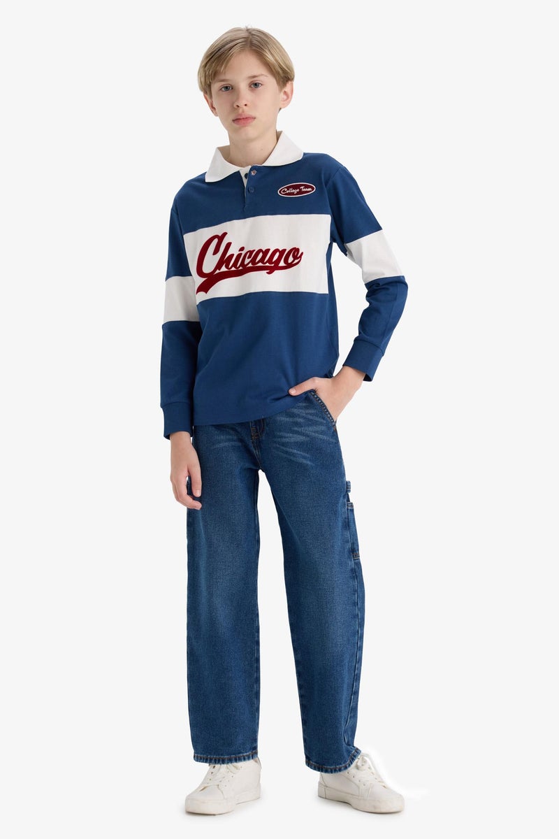 DeFacto Blue Boy Boy Oversize Fit Embroidered Long Sleeve T-Shirt Casual - Image 3